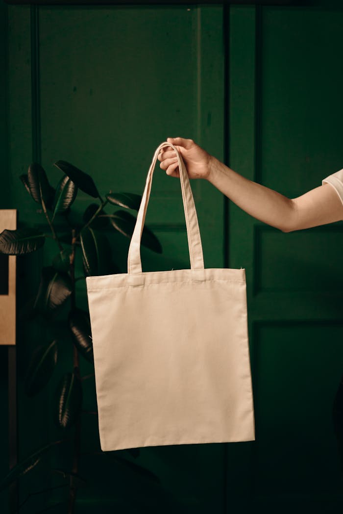 services-01 Simple cotton tote bag held by a hand against a green background, ideal for eco themes.
